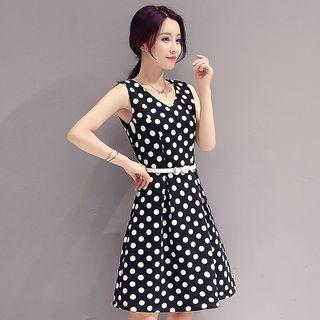 Set: Polka Dot Sleeveless A-line Dress + Cropped Jacket