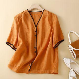 Elbow-sleeve V-neck Contrast Trim Linen Blouse