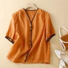 Elbow-sleeve V-neck Contrast Trim Linen Blouse