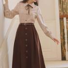 Long-sleeve Tie-neck Blouse / Belted Midi A-line Skirt / Set