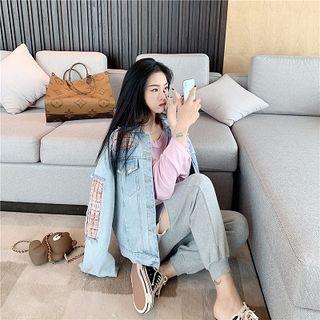 Plaid Panel Denim Jacket / Plain Long-sleeve T-shirt / Distressed Cropped Harem Pants