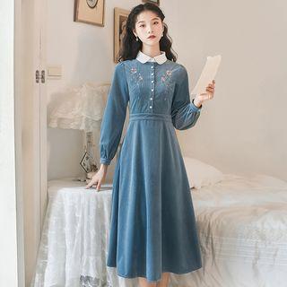 Long-sleeve Corduroy Embroidered Midi A-line Dress