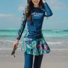 Set: Long-sleeve Floral Rash Guard + Swim Skirt + Pants