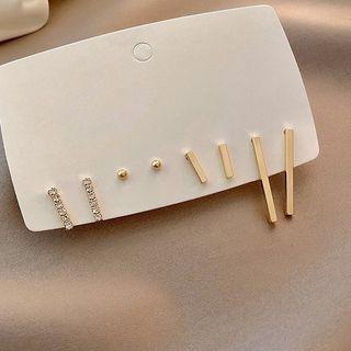 4 Pair Set: Rhinestone / Alloy Bar Earring (various Designs) 4 Pairs - Gold - One Size