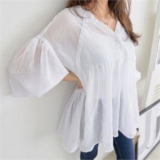 V-neck Half-placket Flare Blouse