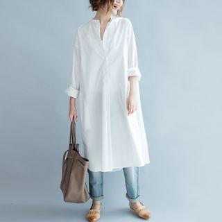 Plain Stand-collar Long-sleeve Shirtdress