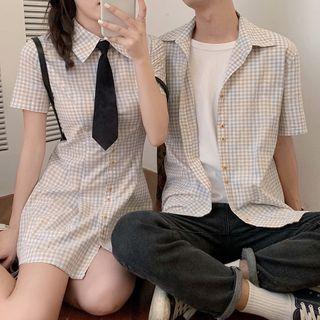 Gingham Short-sleeve Button Mini A-line Dress With Tie / Short-sleeve Shirt
