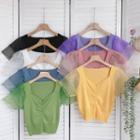V-neck Mesh Ruffle-sleeve Panel Knit Top