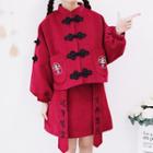 Chinese Knot Button Jacket / Chinese Character Embroidered A-line Skirt