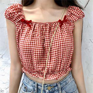 Cap-sleeve Plaid Top Red - One Size