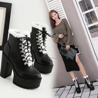 Fleece-lined Lace-up Block Heel Ankle Boots