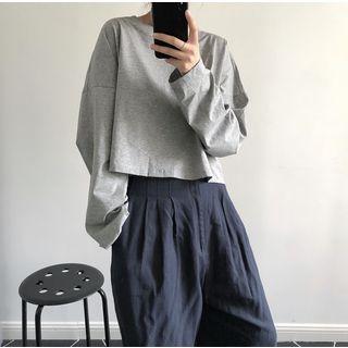 Long-sleeve Plain T-shirt Gray - One Size