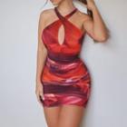 Color-block Cut-out Halter Mini Bodycon Dress