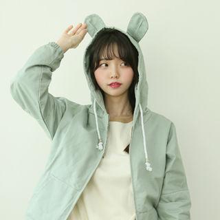 Bunny-ear Zip Hoodie Green - One Size
