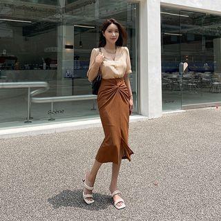 Knot-front Long Pencil Skirt