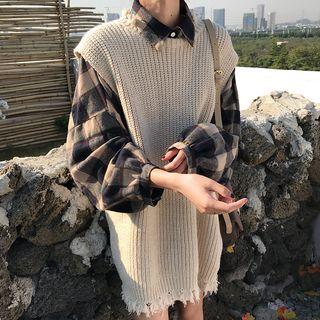 Plaid Shirt / Fringed Hem Sleeveless Knit Dress
