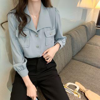 Long-sleeve Open-collar Front-pocket Chiffon Blouse