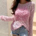 Long-sleeve Pointelle Knit Top Pink - One Size