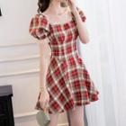 Square-neck Puff Short-sleeve Gingham Mini Dress