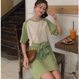 Color Block Tie-waist Elbow-sleeve T-shirt Dress