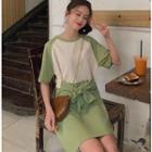 Color Block Tie-waist Elbow-sleeve T-shirt Dress