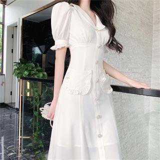 Puff-sleeve Ruffle Trim Single Breasted Dress