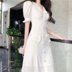 Puff-sleeve Ruffle Trim Single Breasted Dress