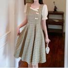 Puff Sleeve Check Panel A-line Dress