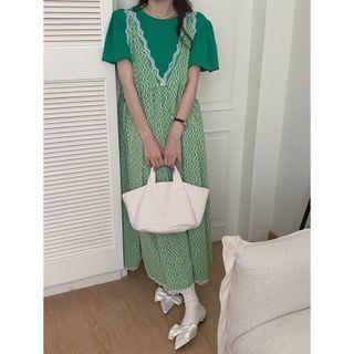 Floral Lace Trim Midi Overall Dress Dress - Green - One Size