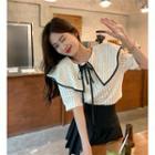 Elbow-sleeve Collar Blouse Almond - One Size