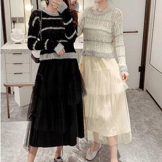 Set: Long-sleeve Perforated Knit Top + Mesh A-line Midi Skirt