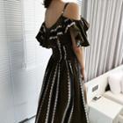 Striped Cold Shoulder Midi A-line Dress