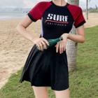 Set: Short-sleeve Lettering Swim Dress + Shorts