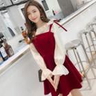 Set: Ruffle-trim Blouse + Spaghetti Strap A-line Velvet Dress