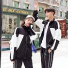 Couple Matching Color Block Zip Jacket / Lettering Sweatpants