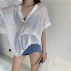 Short-sleeve Collared V-neck T-shirt White - One Size