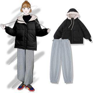 Hooded Padded Coat / Cropped Harem Pants