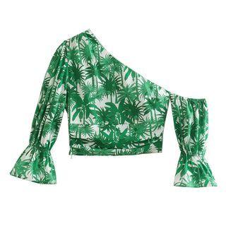 Short-sleeve Off-shoulder Print Crop Top