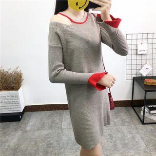 Cut Out Shoulder Color Panel Long Sleeve Knit Dress