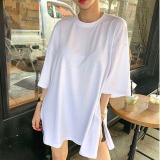 Crewneck Plain Loose-fit Short-sleeve Top White - One Size