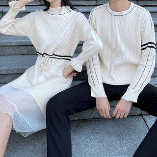 Couple Matching Striped Sweater / Long-sleeve Mock Two-piece Shift Dress