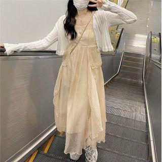 Long-sleeve Plain Knit Cardigan / Asymmetrical Hem Strappy Dress