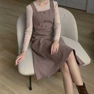 Checked Tweed Long Overall Dress