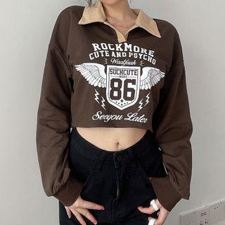Contrast Collar Lettering Cropped Sweatshirt