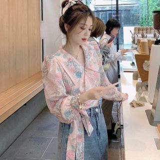 Long-sleeve Collared Floral Drawstring Blouse