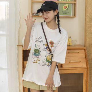 Elbow-sleeve Soup Print T-shirt