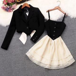 Set: Ribbon Blazer + Spaghetti-strap Two-tone A-line Dress