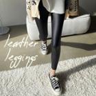 Letter-band Faux-leather Leggings Black - One Size