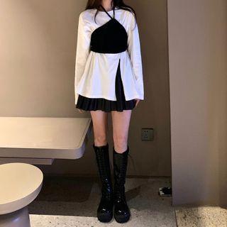 Long-sleeve Slited T-shirt / Cropped Camisole / Pleated A-line Mini Skirt