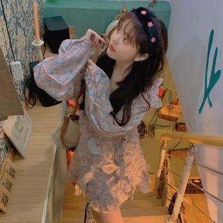 Long-sleeve Ruffled Floral Print Mini A-line Chiffon Dress